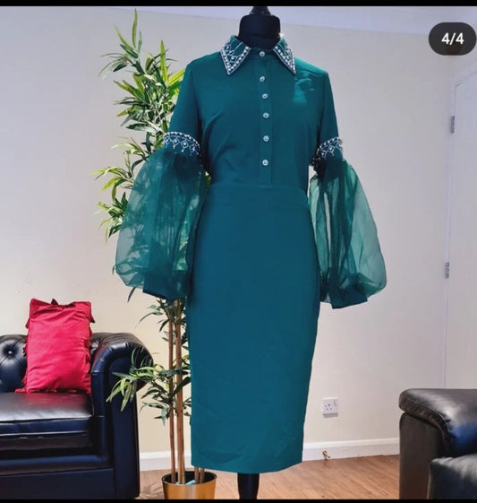 Green Detailed Sleeves Dress