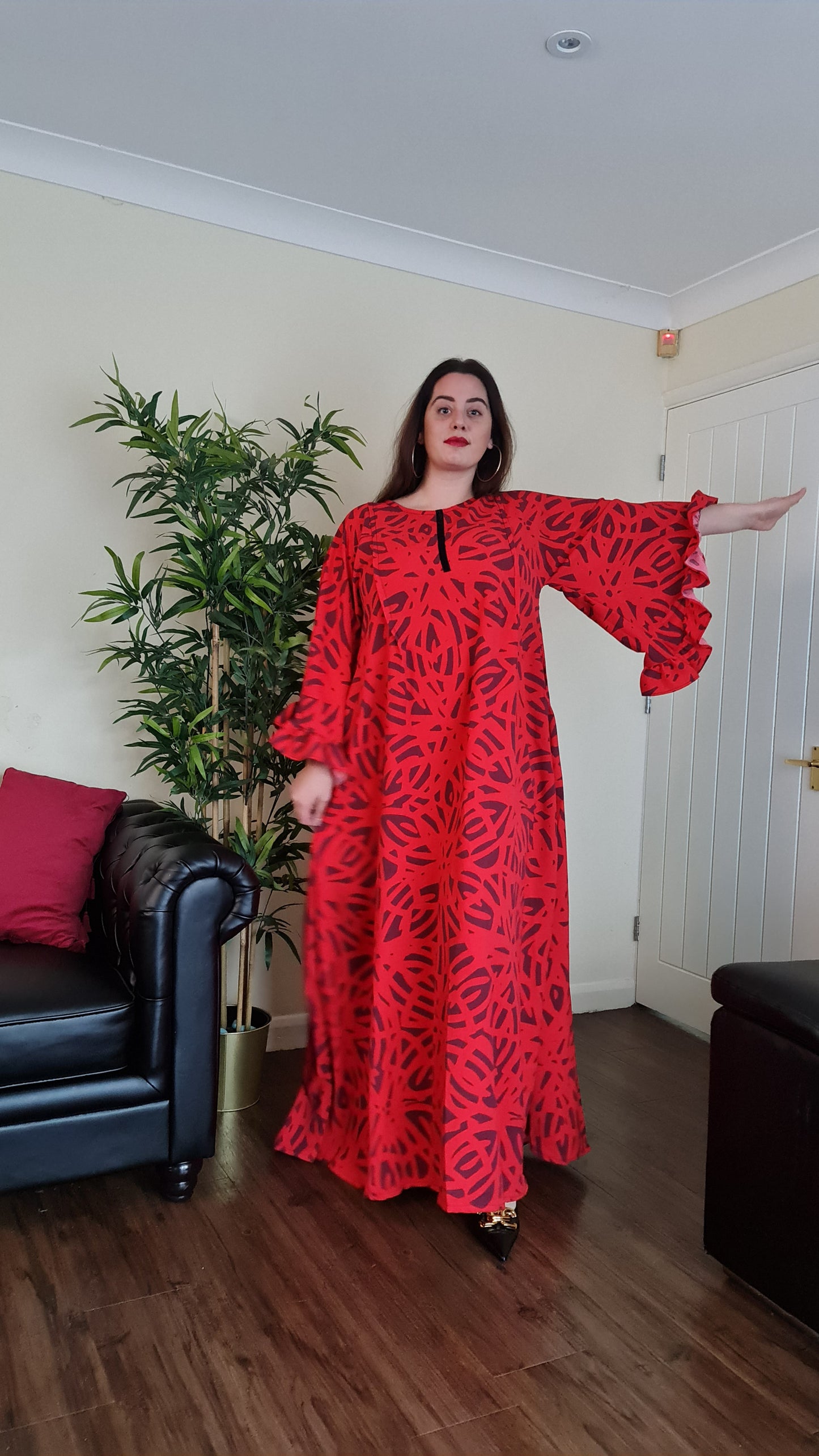 Red Patterned Bell Sleeve Kaftan