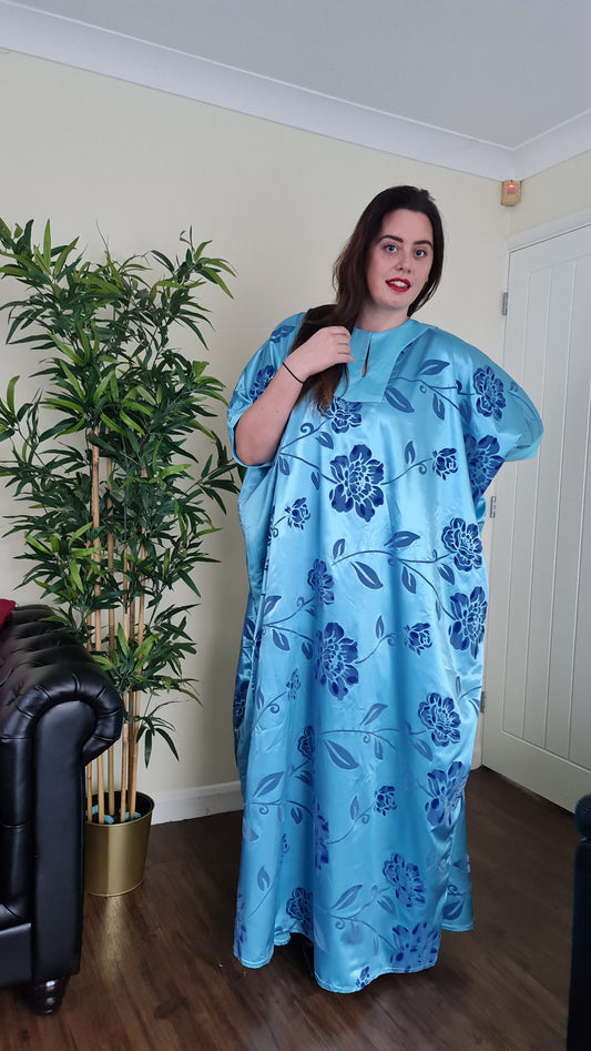 Blue Floral Satin Kaftan